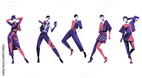 Five stylized figures in fashionable outfits strike dynamic poses against a white background, showcasing modern geometric designs and vibrant color palettes.