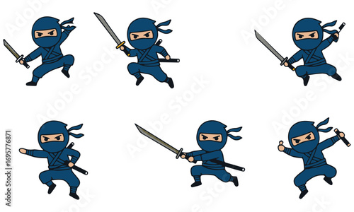 A Fun Collection of Six Chibi Ninja Characters, Posing, Throwing Shuriken, and Hiding in a Bamboo Forest with Swords and Stealthy Moves