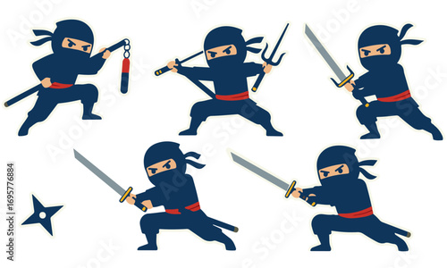 A Fun Collection of Six Chibi Ninja Characters, Posing, Throwing Shuriken, and Hiding in a Bamboo Forest with Swords and Stealthy Moves