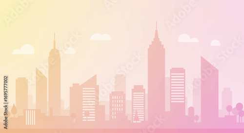 Silhouette of a city skyline with various skyscrapers and buildings, rendered in soft pastel colors, creating a dreamy and serene urban scene.