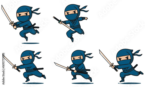A Fun Collection of Six Chibi Ninja Characters, Posing, Throwing Shuriken, and Hiding in a Bamboo Forest with Swords and Stealthy Moves