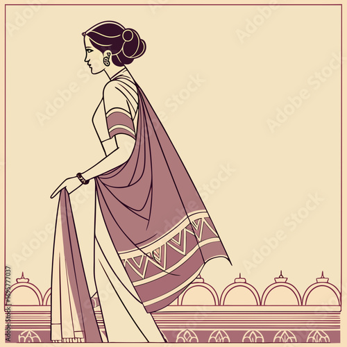 Vintage illustration of woman in saree with architectural detail in the background