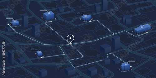 Isometric delivery route map with time estimates and urban layout. Urban Delivery Route Tracking on 3D GPS Navigation Map. Logistic management, or supply chain visualization. Vector illustration