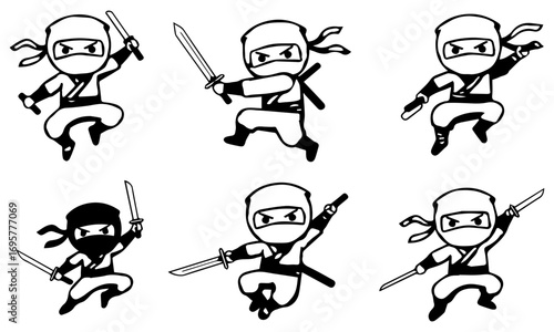 Dynamic Collection of Cartoon Ninja Characters in Black and White, Performing Various Action Poses with Katanas, Jumping, Running, and Fighting with Classic Stealth
