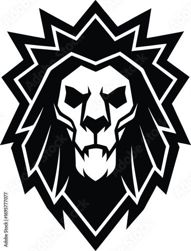 Vector art of a stylized, geometric black and white graphic of a lions head with sharp angles and a fierce expression, isolated on a, ideal for modern logos and emblems