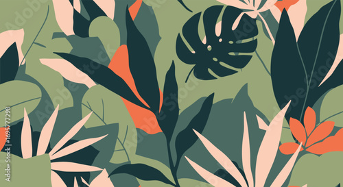 Vibrant jungle leaves pattern in modern abstract style, tropical botanical design elements