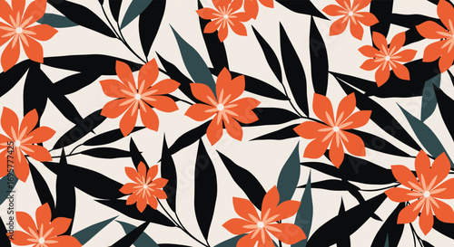Vibrant coral floral pattern with deep green leaves, modern tropical design