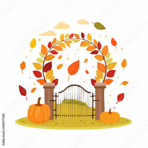 Autumn country scene with autumn decor, leaf, branch, gate