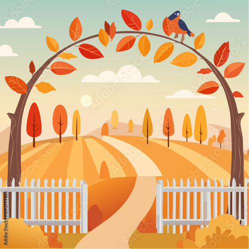 Autumn country scene with autumn decor, leaf, branch, gate
