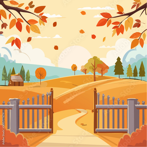Autumn country scene with autumn decor, leaf, branch, gate