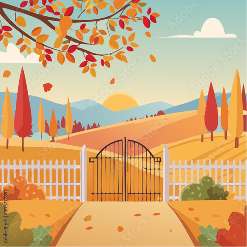 Autumn country scene with autumn decor, leaf, branch, gate