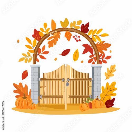 Autumn country scene with autumn decor, leaf, branch, gate