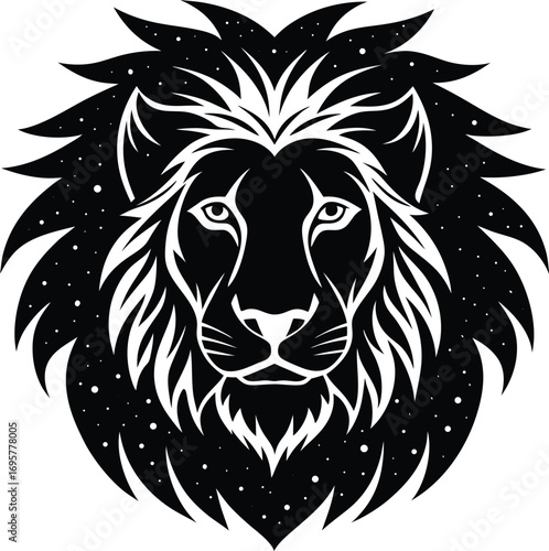 Vector art of a striking black and white graphic illustration of a lions head with a detailed mane, featuring a starry or speckled texture within the mane, isolated on a