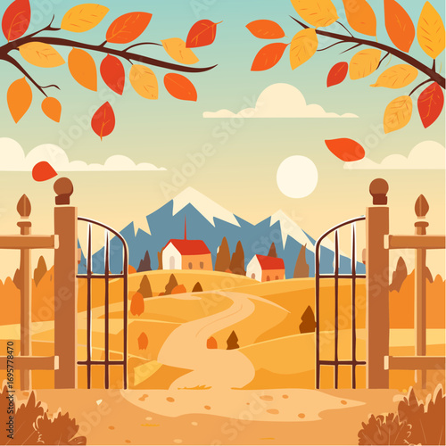 Autumn country scene with autumn decor, leaf, branch, gate