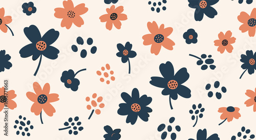 Charming floral pattern with dark blue and coral flowers, perfect for fabric and decor