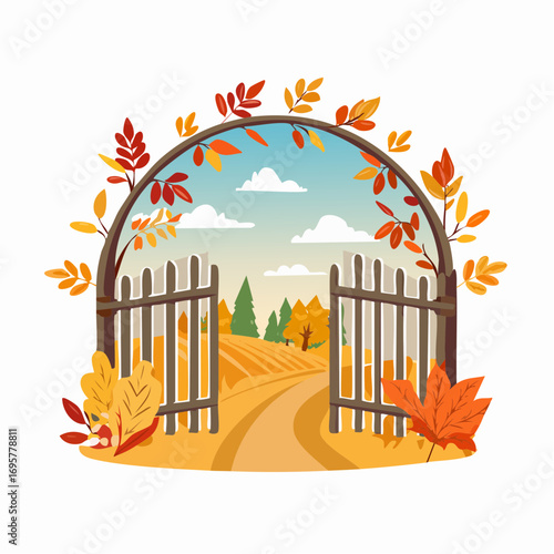 Autumn country scene with autumn decor, leaf, branch, gate