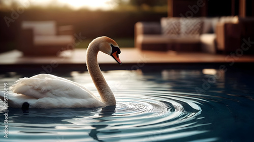 Swan Swimming In Pool At Sunset