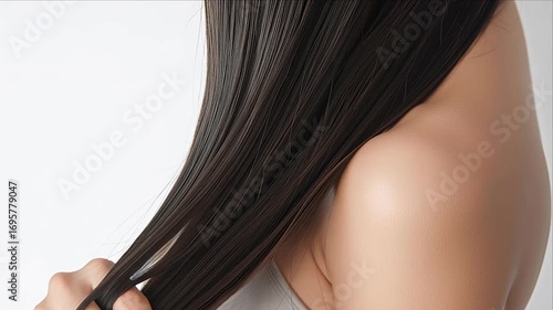 ロングヘアの女性は髪の毛を掴んだ手を下に下げる。