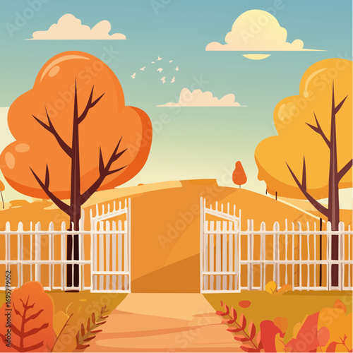 Autumn country scene with autumn decor, leaf, branch, gate