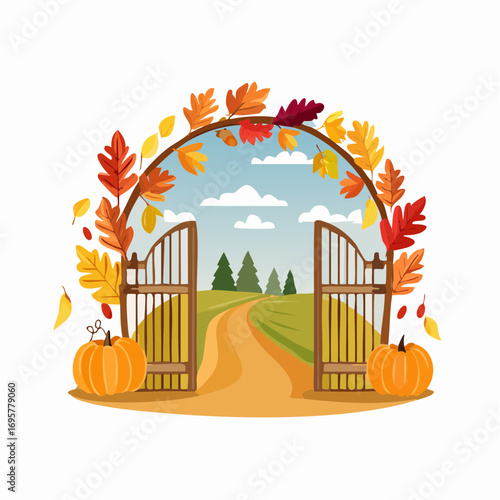 Autumn country scene with autumn decor, leaf, branch, gate