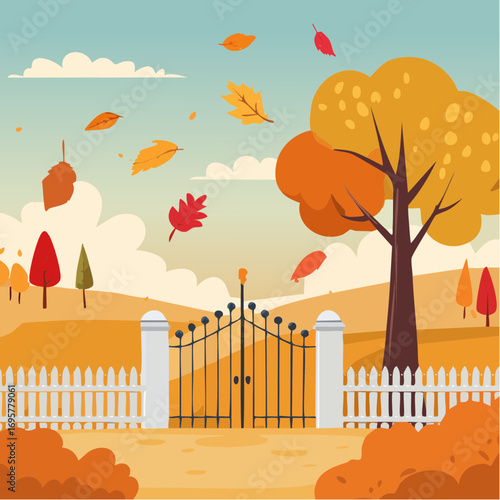 Autumn country scene with autumn decor, leaf, branch, gate