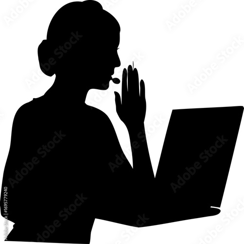 Black Silhouette of Woman Video Calling on Laptop Vector Illustration, Remote Worker Minimal Silhouette Vector, Online Meeting Line Art Vector, Modern Freelancer Silhouette Vector