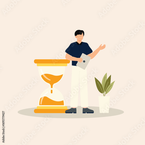 Businessman manages project deadline with a tablet next to an hourglass, a vector concept illustration about time management and productivity
