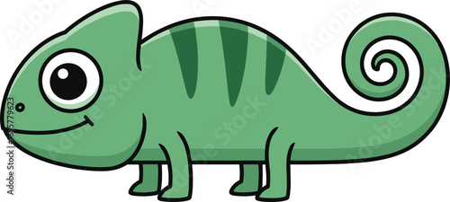 Adorable green cartoon chameleon with spiral tail and big eyes, cute reptile vector illustration for children, learning, and design.