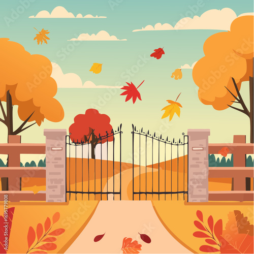 Autumn country scene with autumn decor, leaf, branch, gate