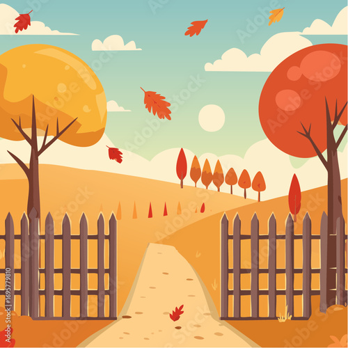 Autumn country scene with autumn decor, leaf, branch, gate