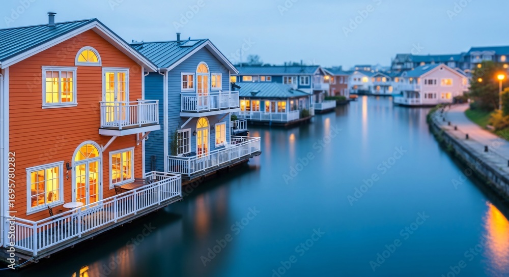 Naklejka premium Vibrant Floating Homes Lining Tranquil Canal at Dusk Glow