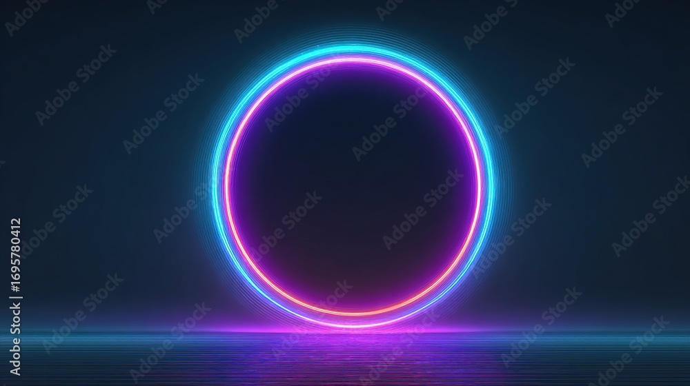 Obraz premium A vibrant, double neon ring, pink and cyan, glows intensely against a dark background, reflecting subtly on a low, smooth surface. The inner ring is slightly smaller than the outer one