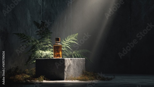Amber bottle on stone pedestal, dramatic lighting