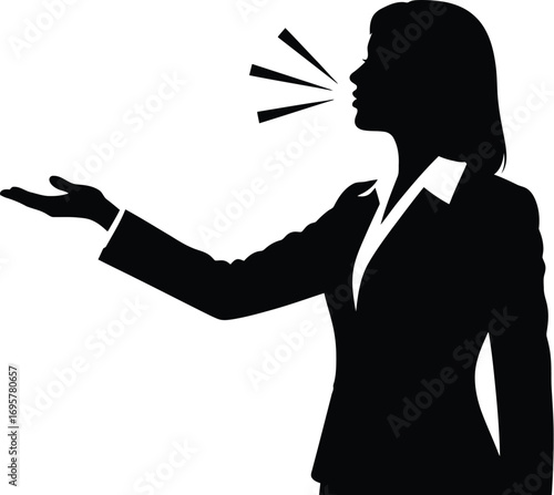 Silhouette of a businesswoman speaking with an open hand gesture, a confident woman presenting an idea