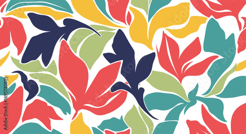 Vibrant abstract floral pattern with bold colors and organic shapes brings lively energy