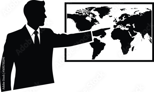 Silhouette of a businessman presenting a world map, pointing to a location with a confident gesture
