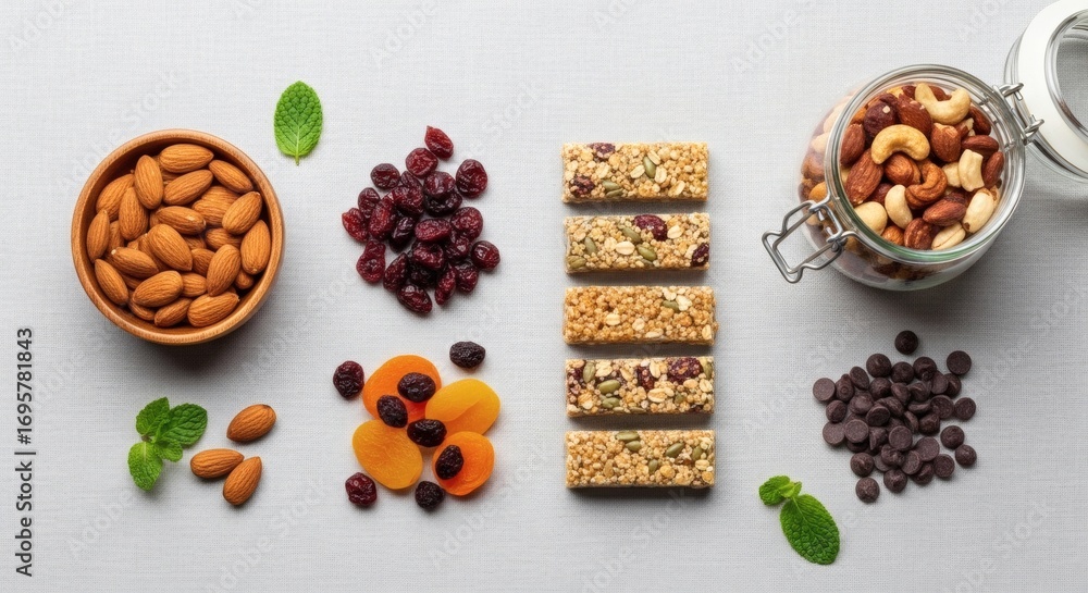 Obraz premium Assortment Of Healthy Snacks For A Balanced Diet On Tabletop