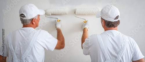 Two professional painters applying white paint with rollers on wall indoors du home renovation work