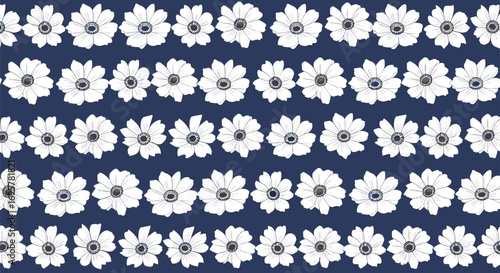 Elegant white anemone flowers pattern on deep navy background, seamless floral texture for design