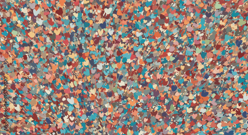 Vibrant abstract pattern of scattered heart shapes in warm and cool tones, creating a dynamic texture