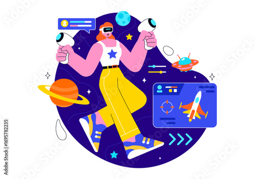 Virtual Reality Gaming Illustration featuring People Using VR Glasses and Controllers to Explore Metaverse Technology and Interactive Experiences