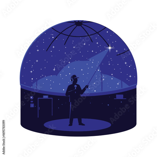 A planetarium presenter guides viewers through a star-filled night sky, using a laser pointer to highlight constellations and celestial objects.