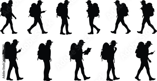 Backpacker Silhouettes Set – Vector of Hikers Walking, Reading Map, and Using Phone