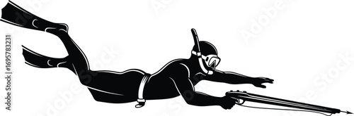 Spearfisher is diving underwater with a speargun diver is wearing a wetsuit, mask, and fins for underwater hunting