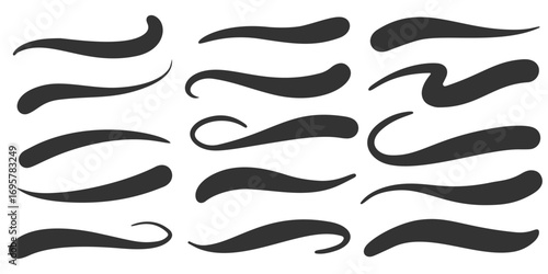 Swoosh vector lines. Squiggle hand-drawn strokes of marker and brush on white background. Wavy swishes, elegant flourishes. Curve accents and dividers.