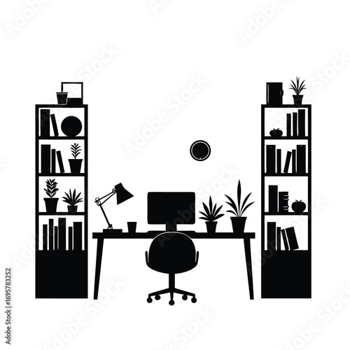 Home office desk with bookshelves and plants silhouette Keywords: home office, desk, computer