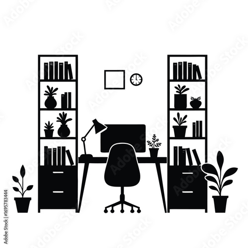 Modern home office desk with plants and bookshelves silhouette