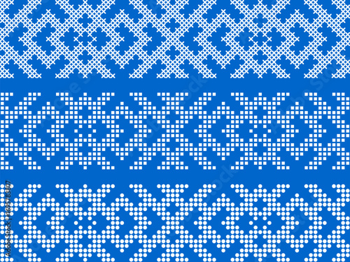 Traditional Ukrainian embroidery pattern, ethnic cross-stitch ornament, blue and white geometric folk design, vector seamless border
