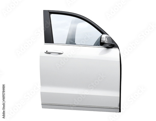 A modern car door with a white, glossy finish, isolated on a white background.