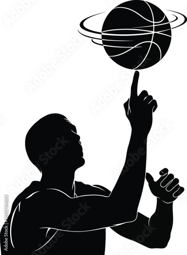 Silhouette of a basketball player spinning a ball his finger, demonstrating skill and control great for sports themes